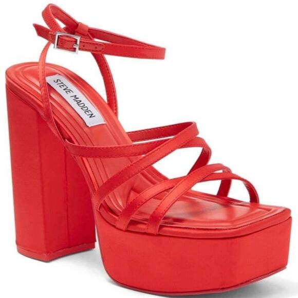 Steve Madden Shoes - Steve Madden Gutsy Platform Pump Red Satin Block Heel Sandals Y2K Style Size 7